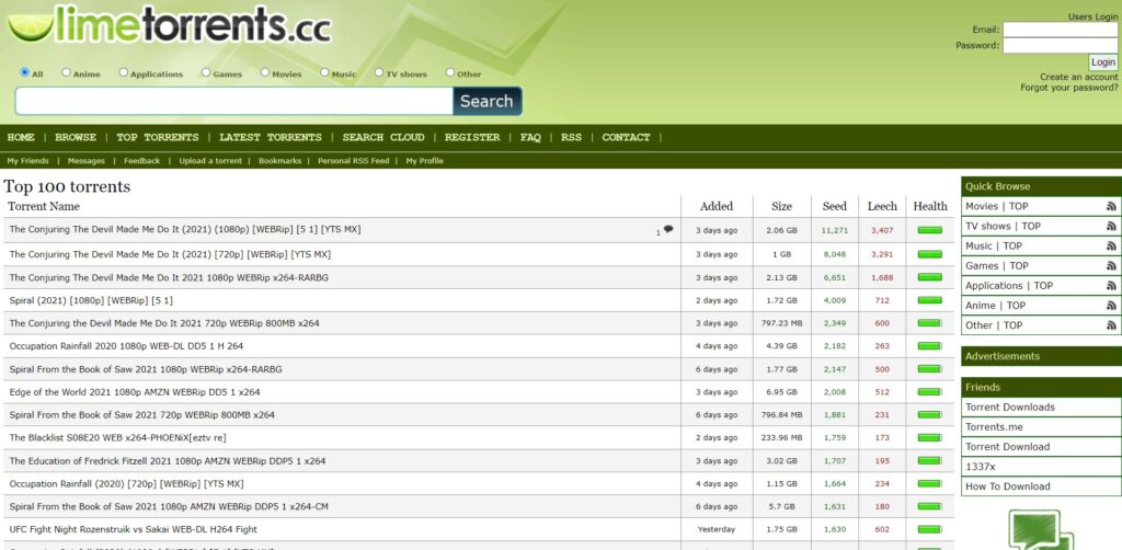 limetorrents and limetor - Top 100 torrents page