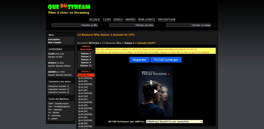 Quedustreaming - Lecteur streaming sur le site