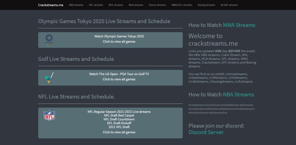 CrackStreams - Live Streaming Gratuits NBA, NHL, MLB, MMA, Boxing, NFL