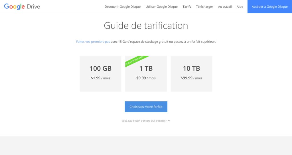 Les Tarifs de Google Drive