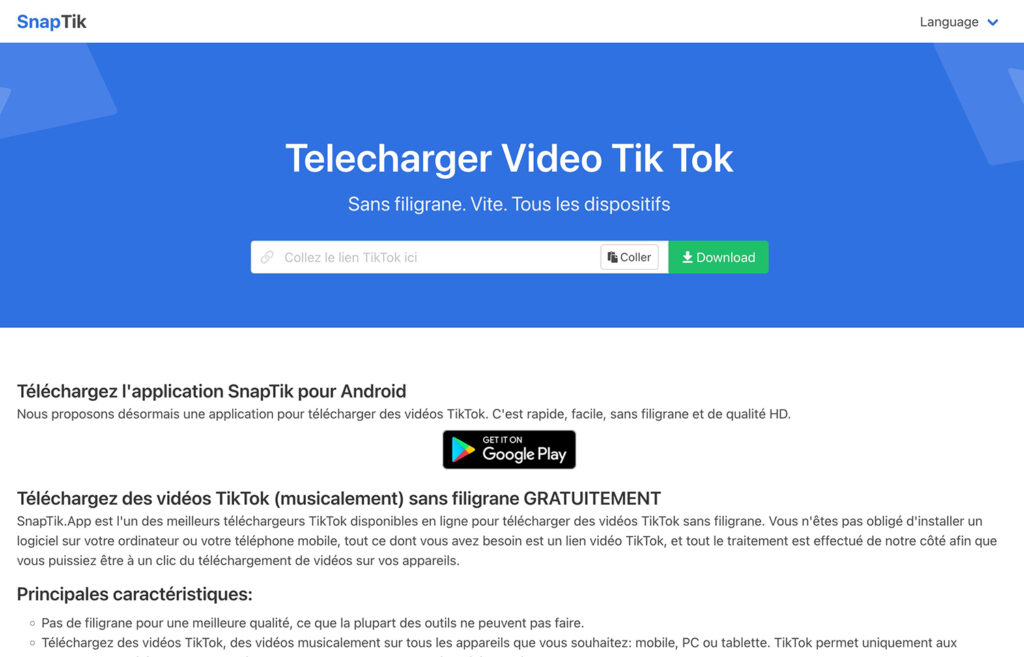 Tiktok downloader - Télécharger vidéo tiktok sans filigrane - SnapTik