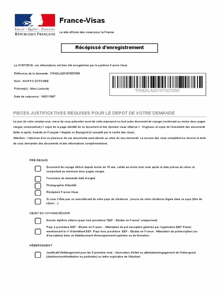 Visa France - образец квитанции о регистрации