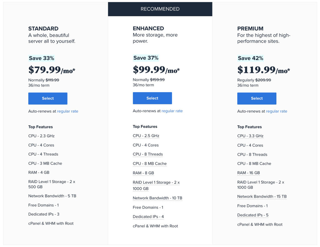 Обзор Bluehost - Цены на выделенный сервер