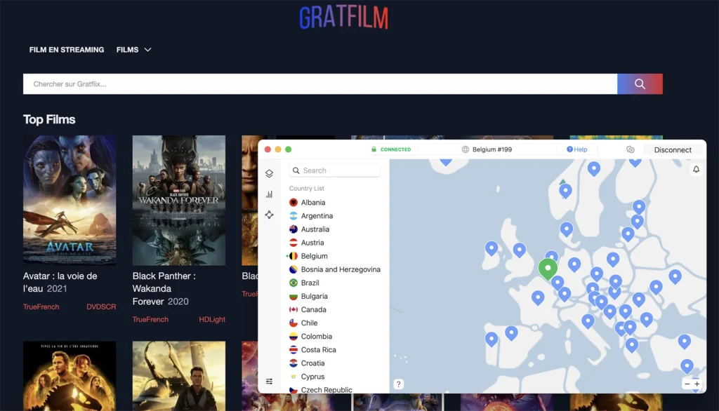 GratFilm VPN ilə işləyir (burada NordVPN)