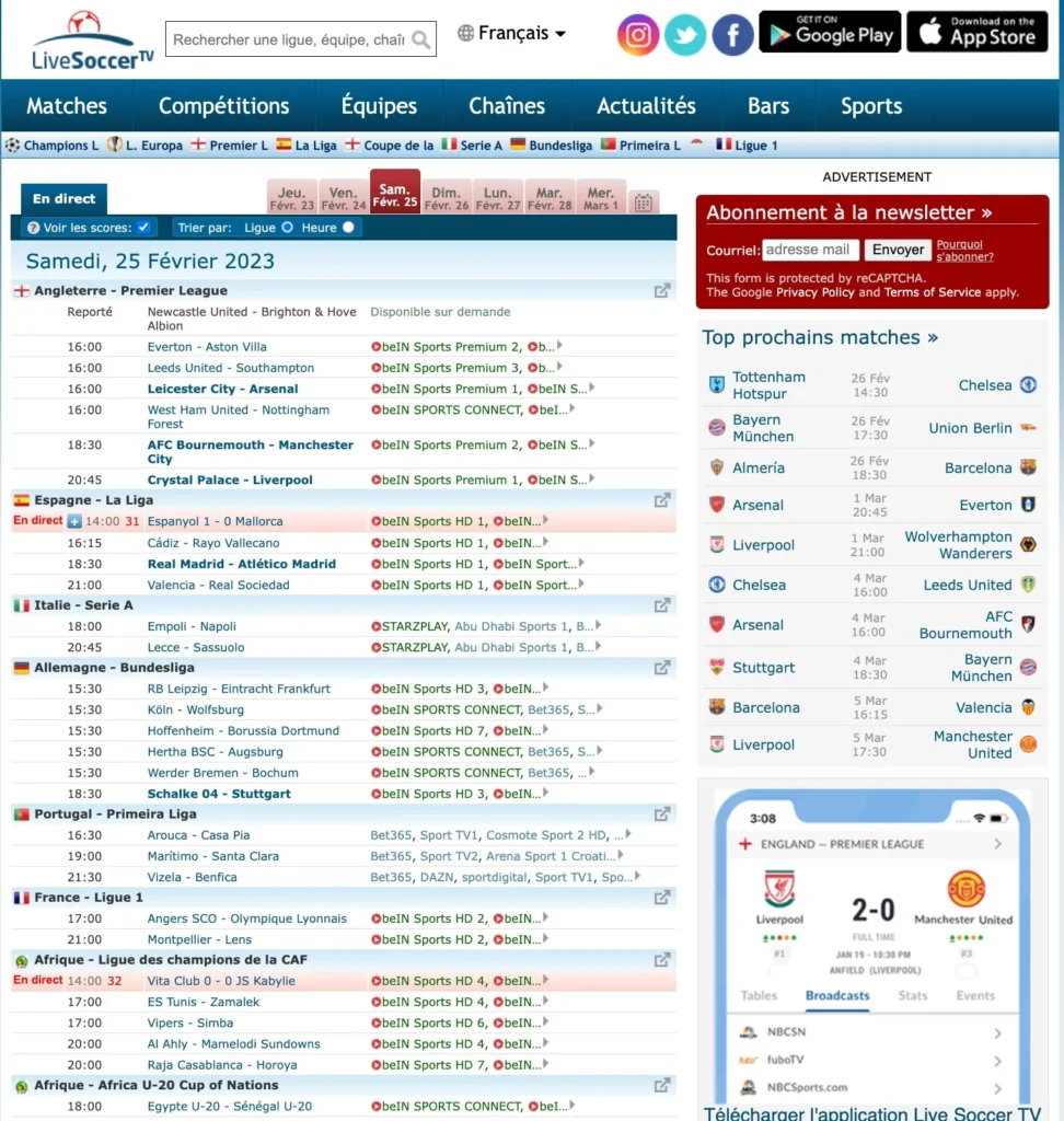 Live fodbold-tv - livestreaming og tv-shows, live fodboldresultater, tidsplaner, stilling, resultater, nyheder, barer og kamphøjdepunkter