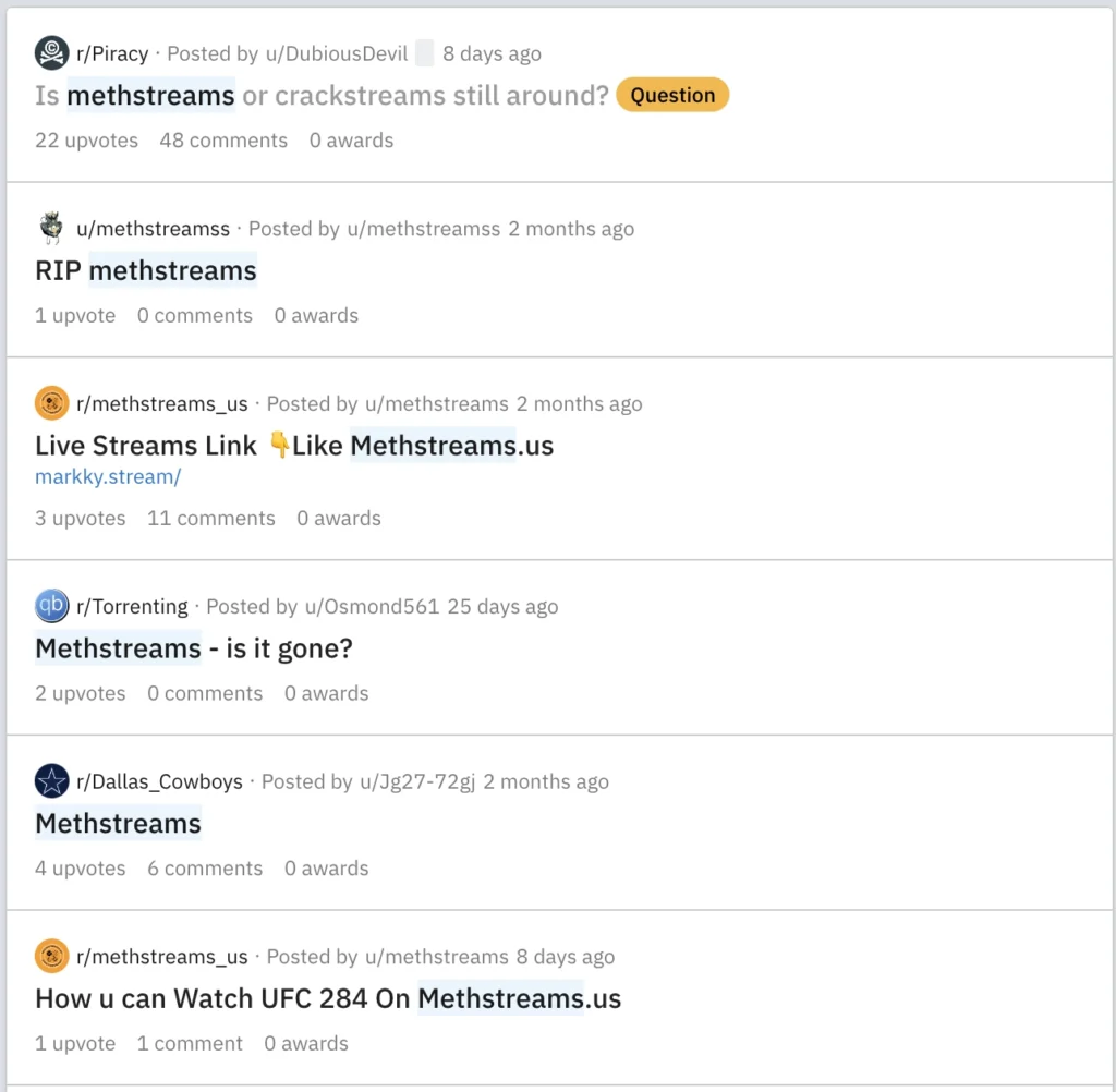 Methstreams 受到 Reddit 用户的高度评价。 事实上，就像 CrackStreams 一样，这些网站最初是作为免费的体育流媒体 subreddits 开始的。