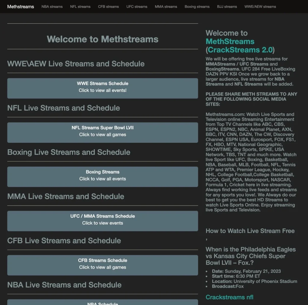 这是新的 Methstreams。 免费观看 MMA/UFC、拳击 PPV、NBA、CFB、NFL 比赛直播和高清流媒体。