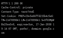 Exemple d'une réponse HTTP de google.com, qui met en place un cookie avec des attributs.